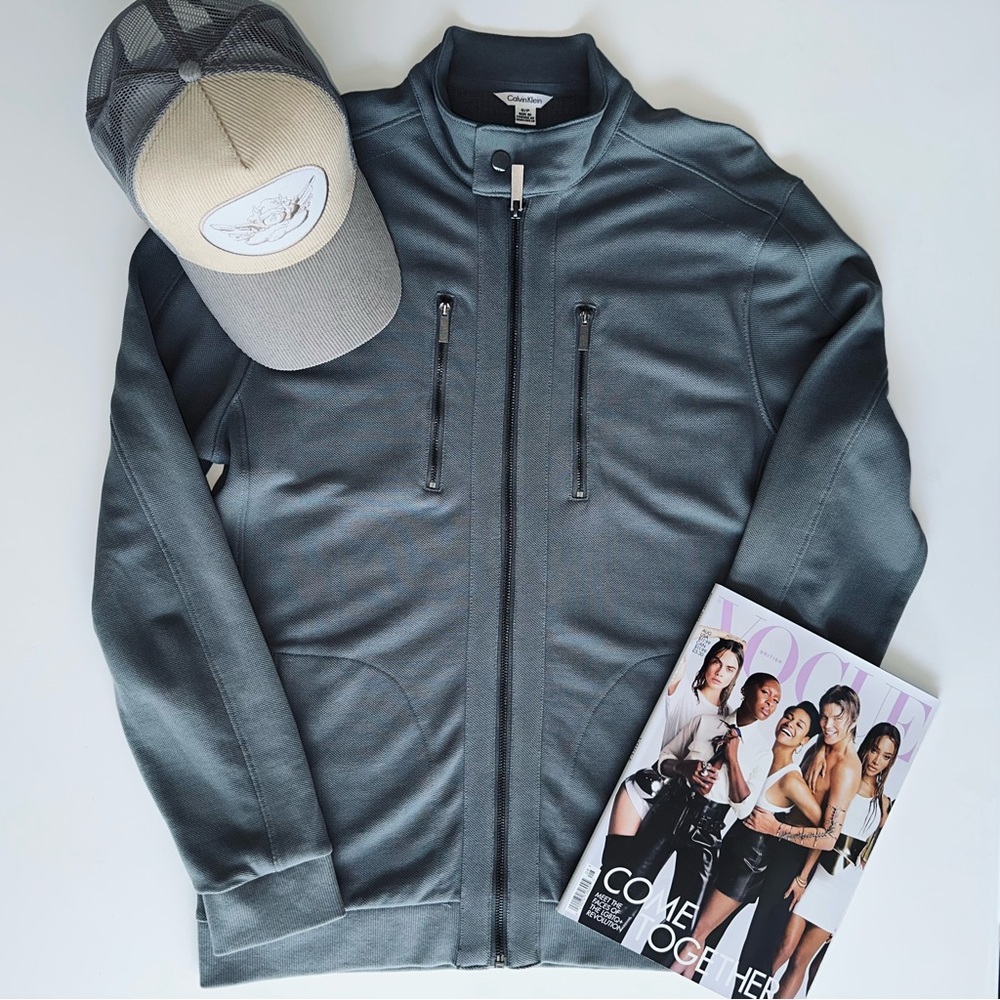 CALVIN KLEIN Grey Mesh Zip Up Sweater